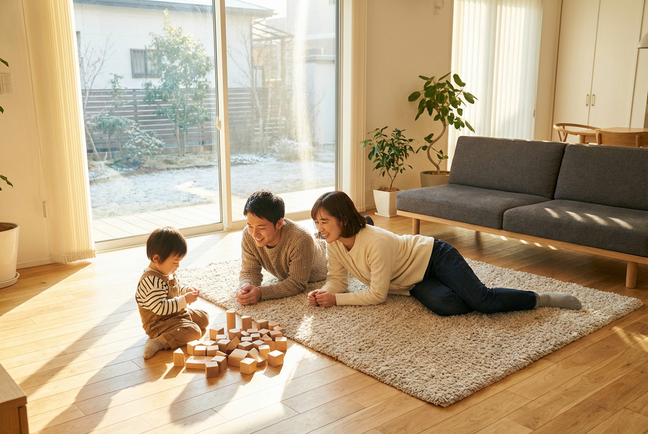リビングで快適に過ごす家族