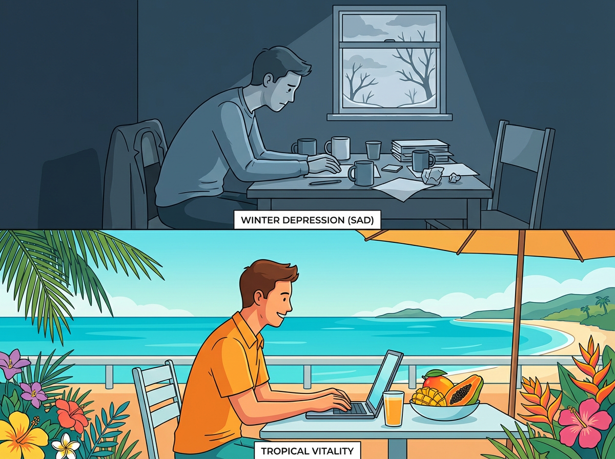 冬の寒さと海外の温かさの対比